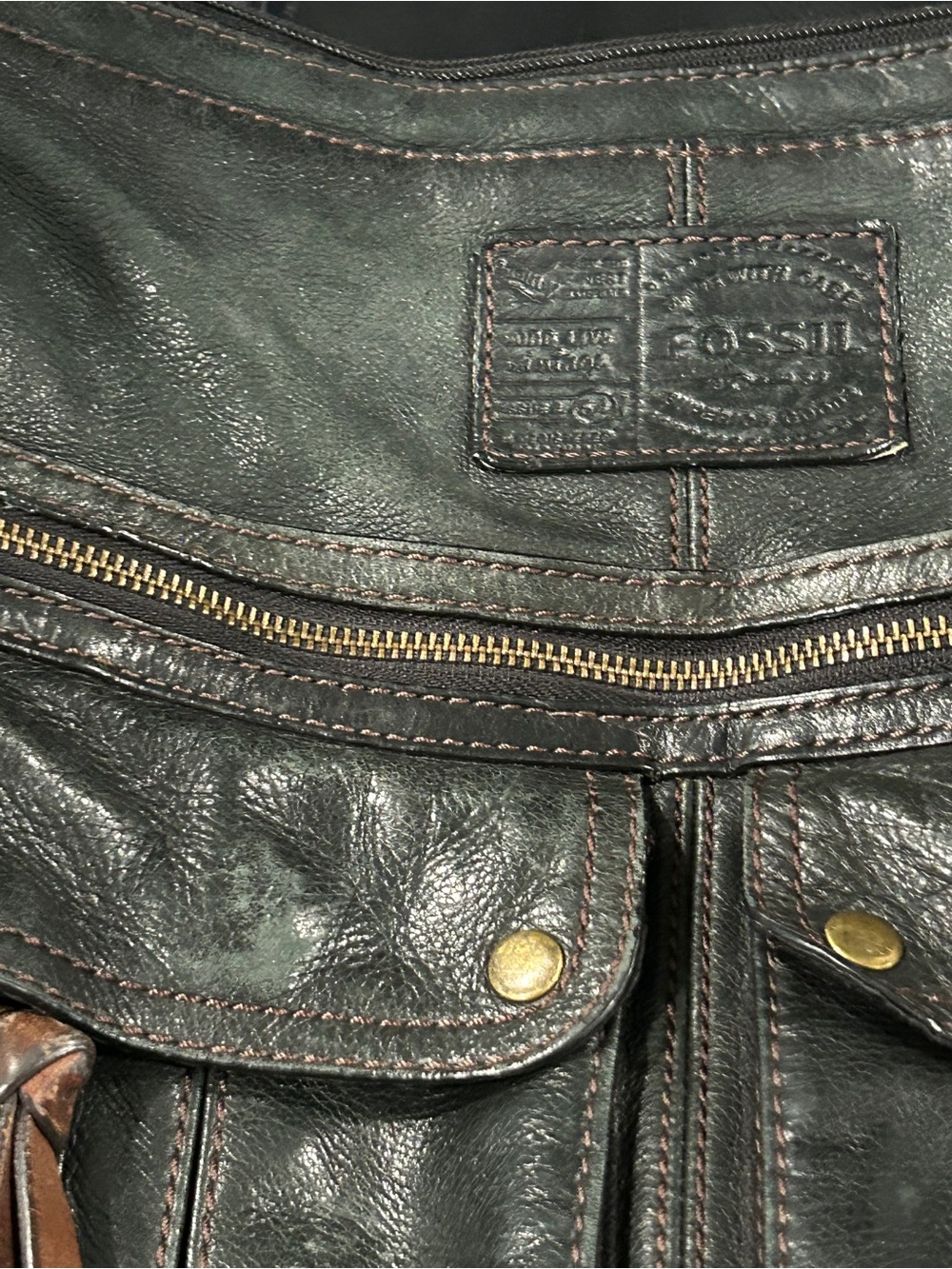 Fossil Dark black Leather Satchel with Brass Zipper Detail